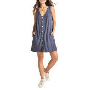 NWT Splendid Haley Linen V-Neck Button Down Shift Dress Pockets Blue Grey